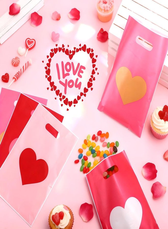 Pickmesh 100 Pcs Valentines Day Plastic Bags Bulk Valentine Candy Cellophane Bags with Handles for Gift Exchange Heart Goodie Treat Handbags for Sweet Day Birthday Party Favor Supplies, Classic - Image 4